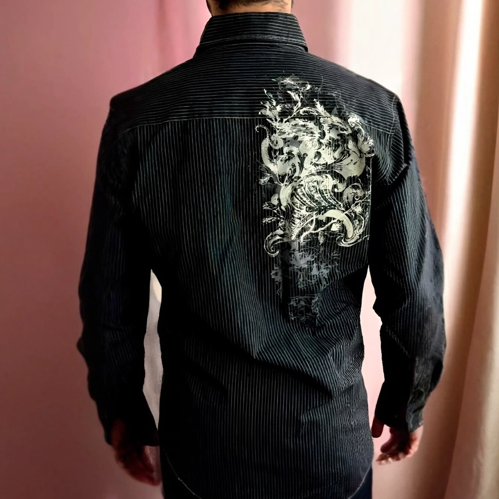 Men's Black Pinstripe Button-Up Shirt with White Floral Accent - Picture 3 of 4